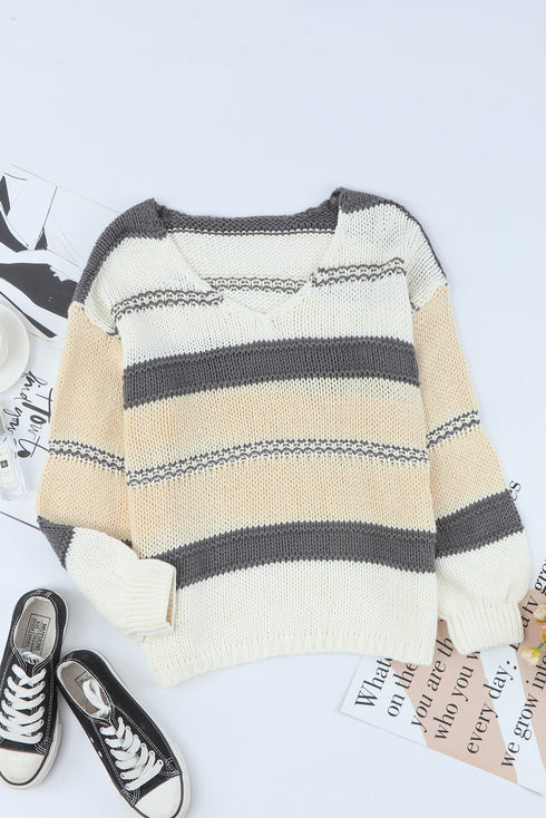 V-Neck Knitted Lantern Sleeve Pullover Sweater